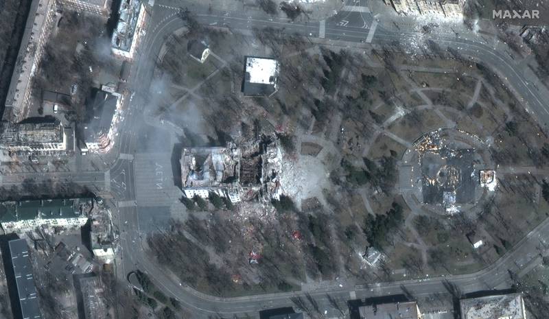Satellite image shows destroyed Mariupol theater, Mariupol, Ukraine, March 29, 2022.